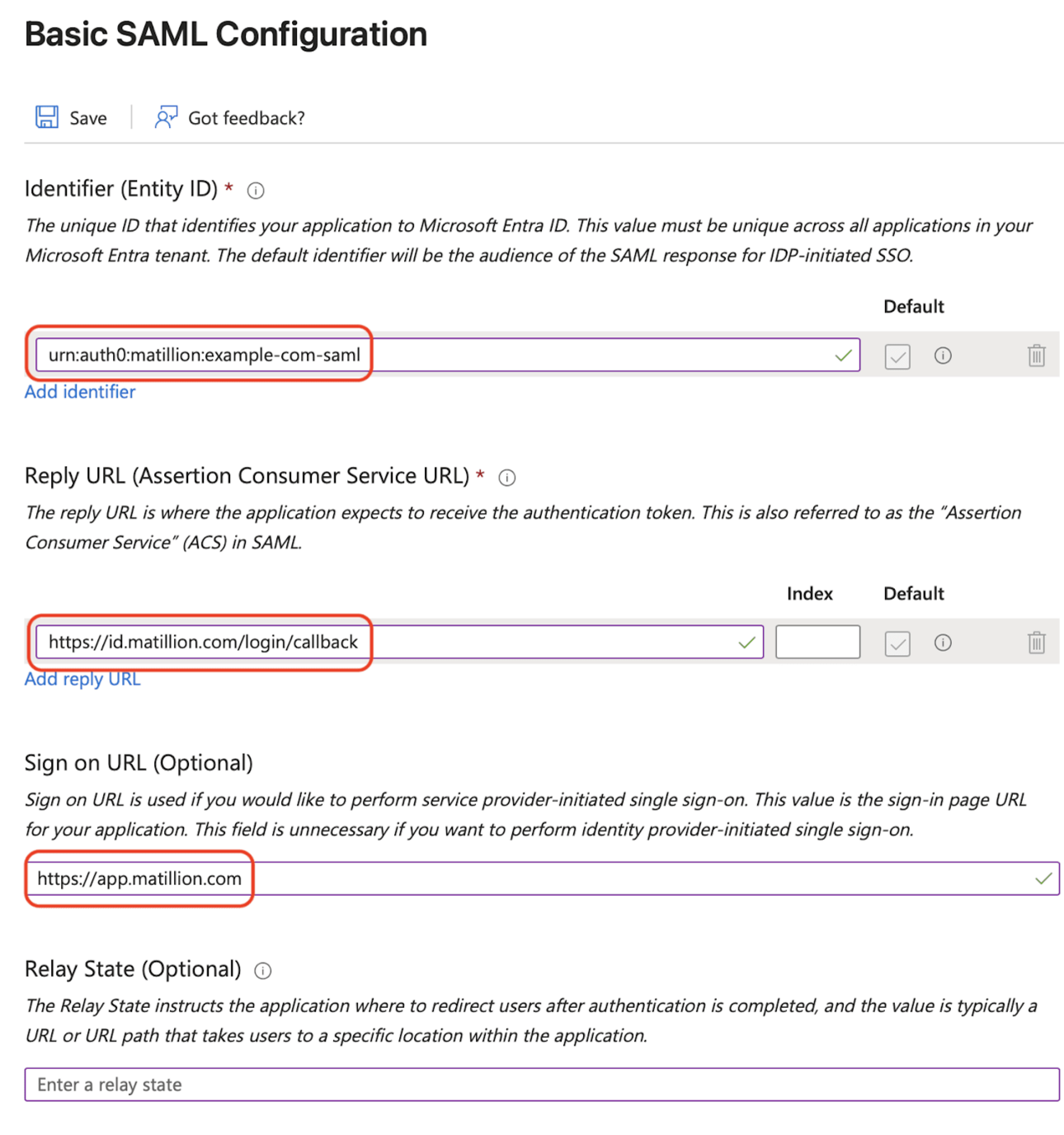 Basic SAML Configuration settings