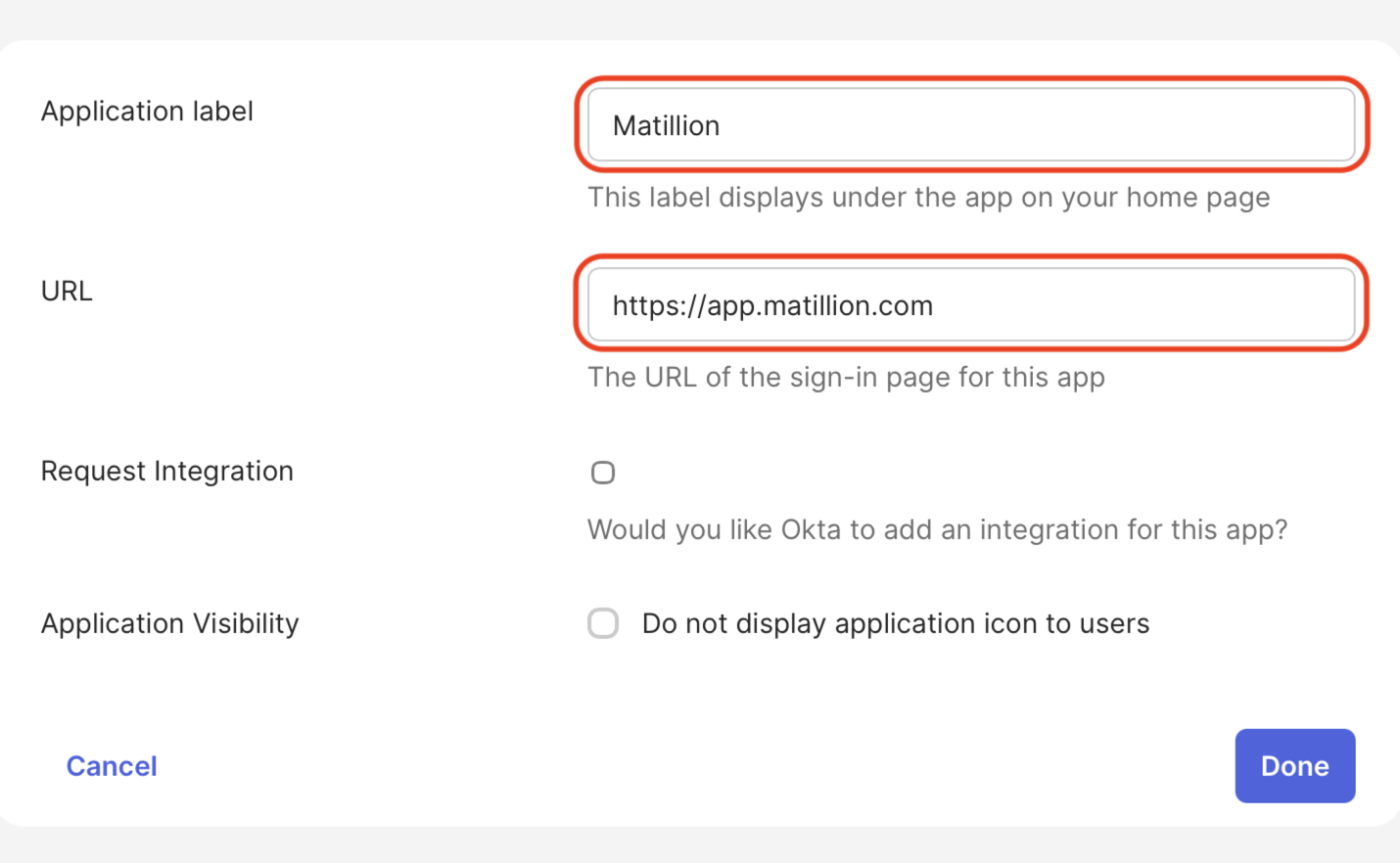 Application label and URL