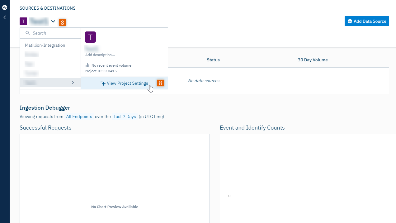 Access Project Settings in the Sources & Destinations dashboard