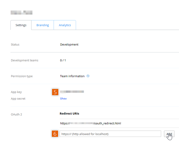 Copy the App key and secret, and paste the Callback URL