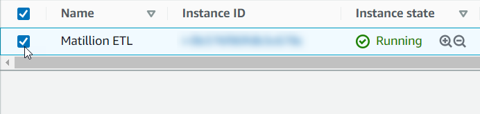 Selecting the Matillion ETL instance in the EC2 Dashboard