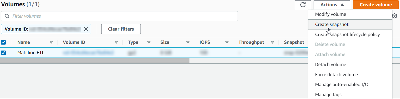 Selecting Create snapshot from the Volume ID context menu on the Volumes page