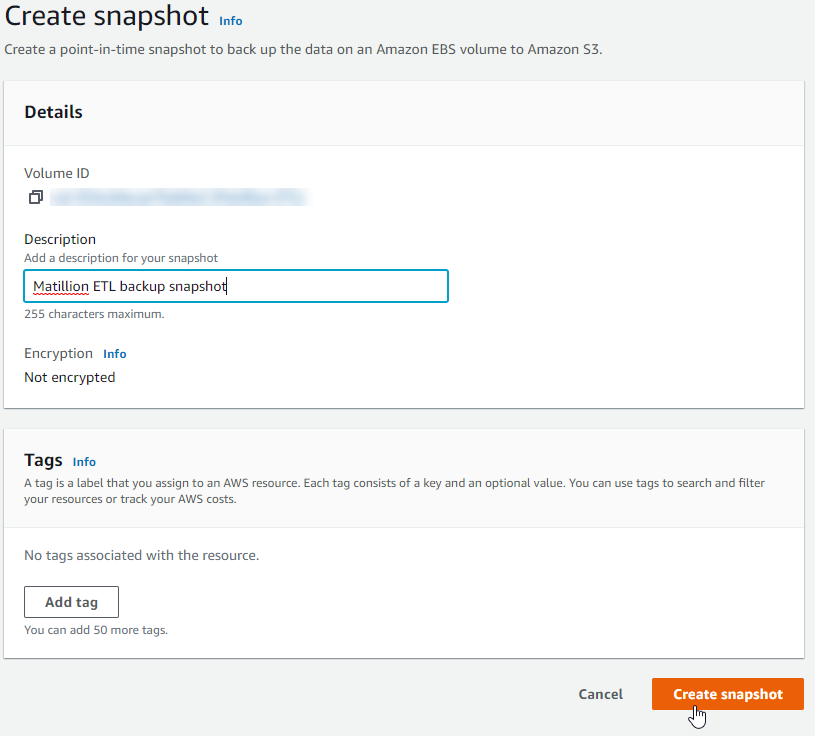 Entering a description and clicking Create snapshot in the Create snapshot dialog