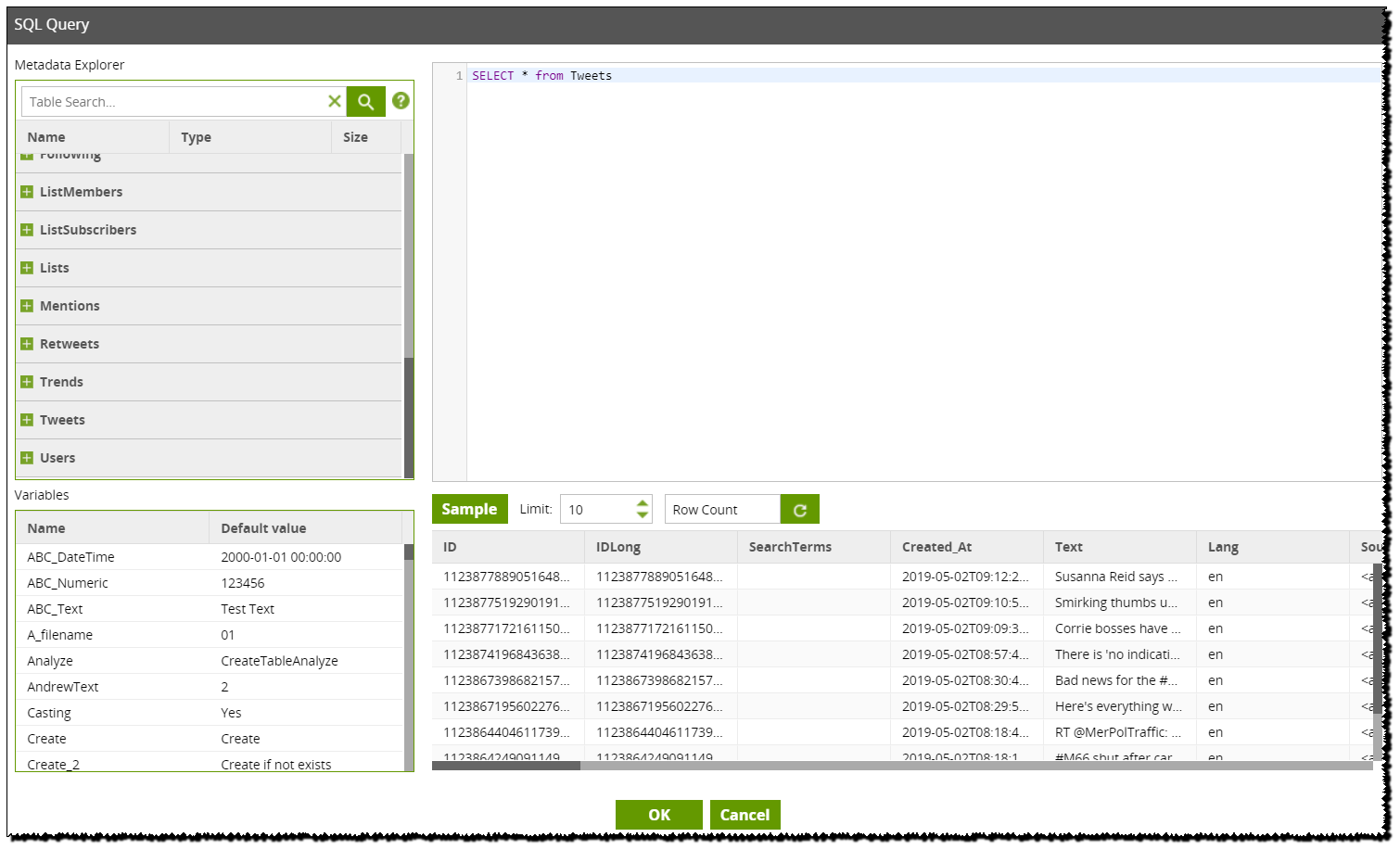 SQL query option in Advanced mode for a Query component