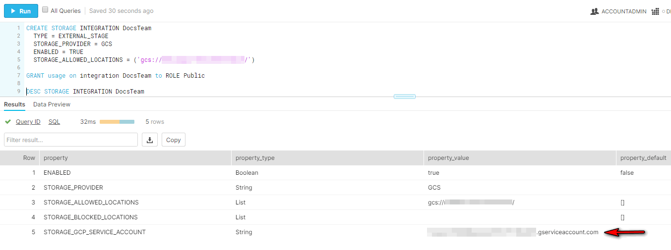 Describe storage integration command result