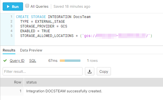 Storage integration command result