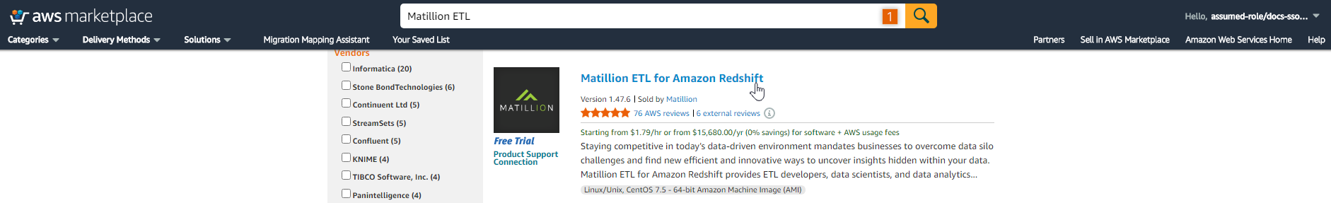 Locate Matillion ETL in AWS Marketplace