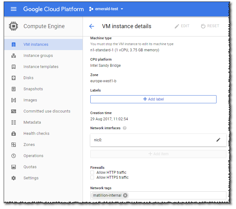 Firewalls and Network tags subheadings on a GCP VM instance