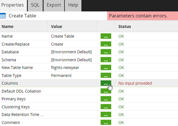 Configure Create Table component