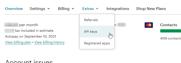 Selects Extras and then API keys