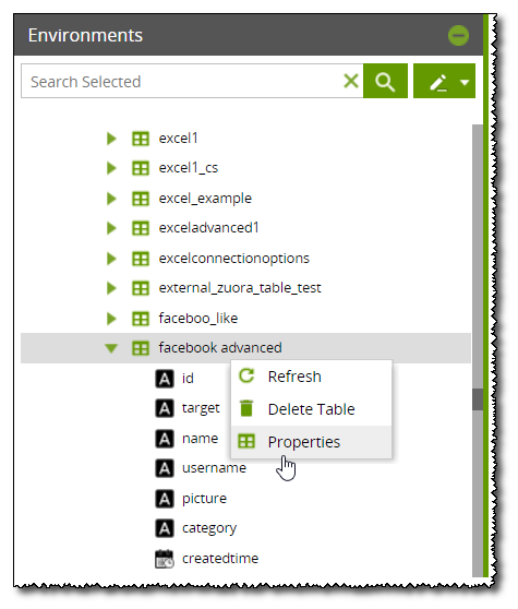 The Environments panel with a table's menu open, showing the Refresh, Delete Table, and Properties options