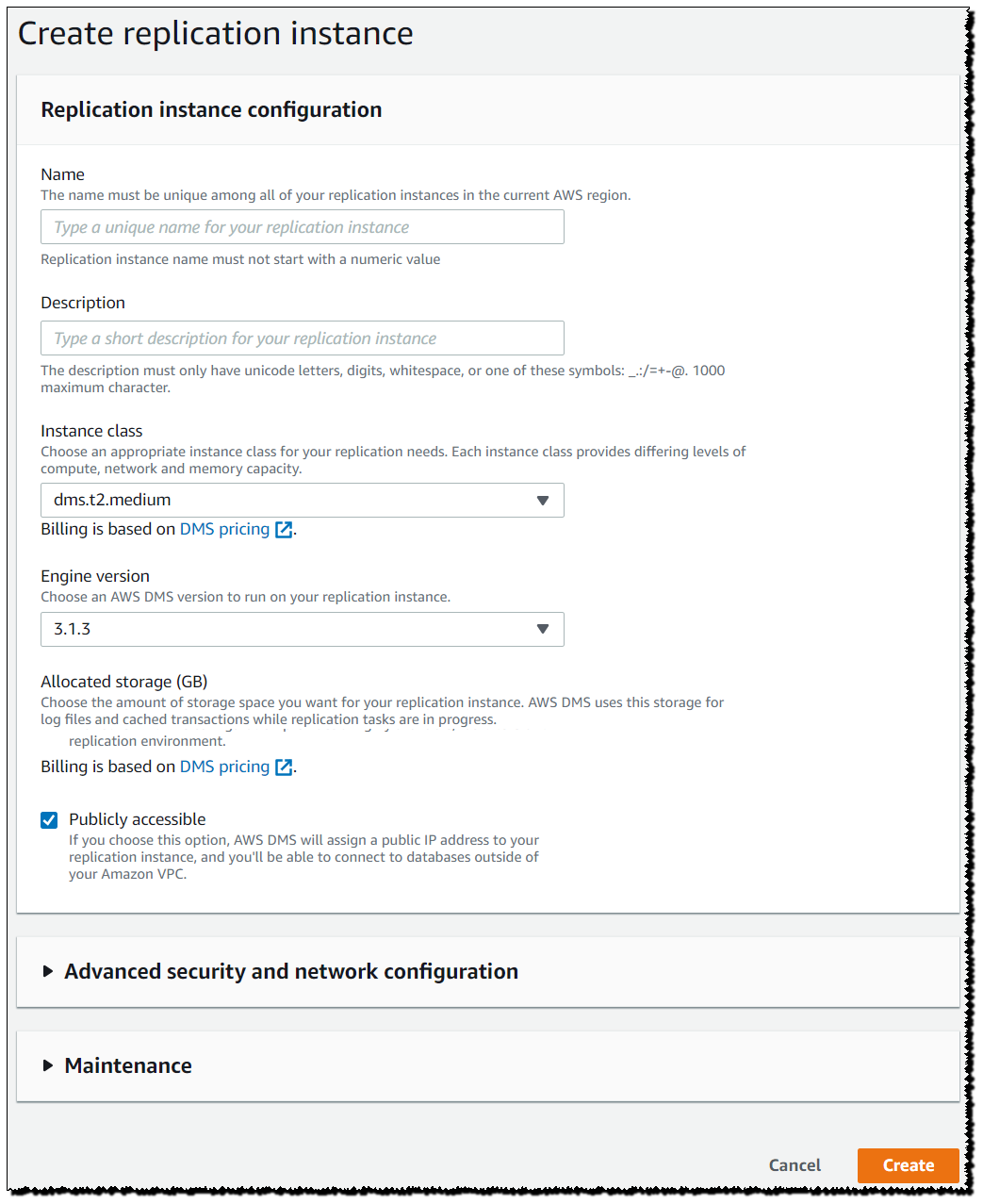 Replication instance configuration