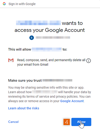 Connect and Allow access to Google account