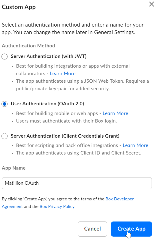 Custom App dialog