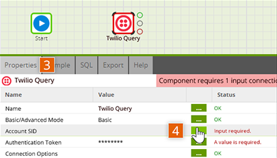 Open Twilio Query connector properties