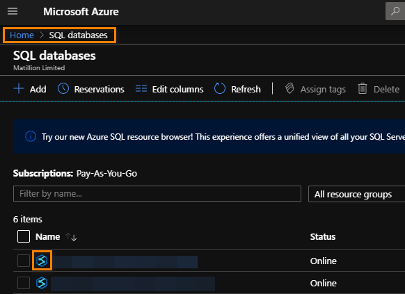 SQL Databases Azure Portal