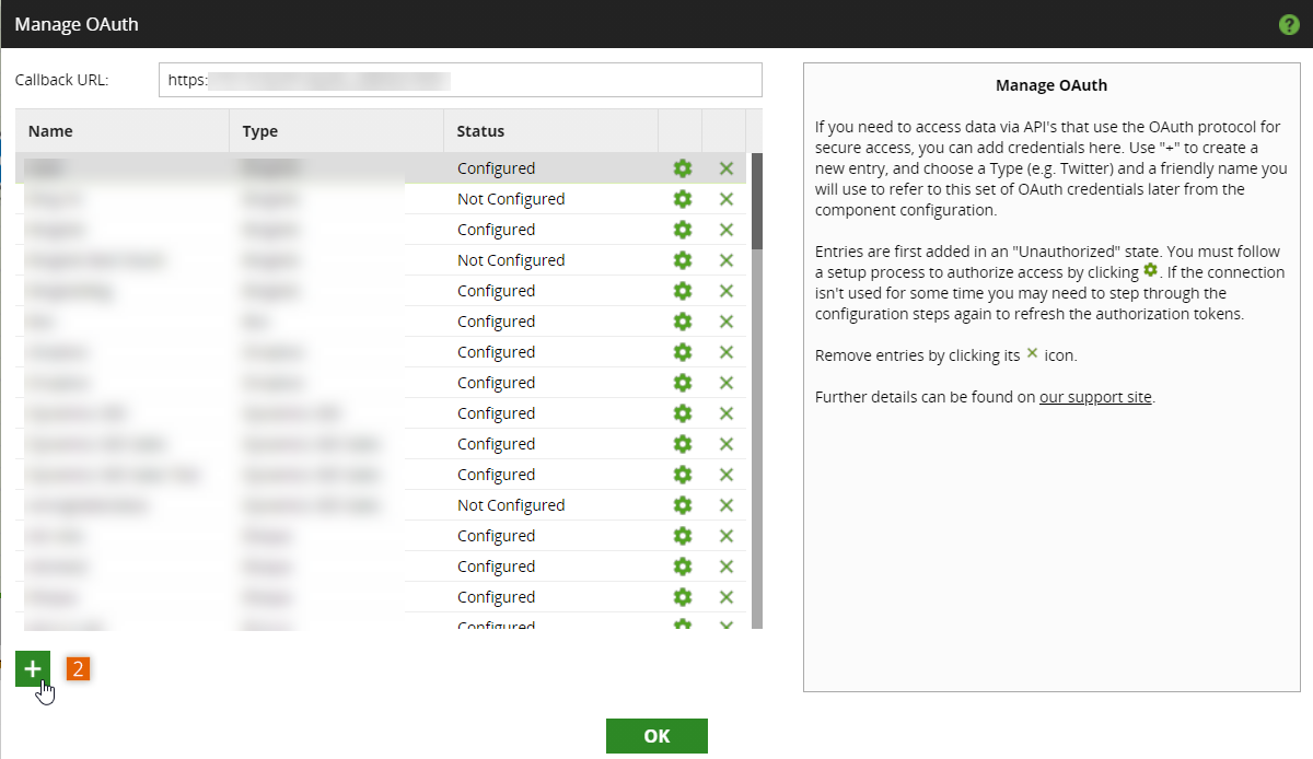 The Manage OAuth dialog