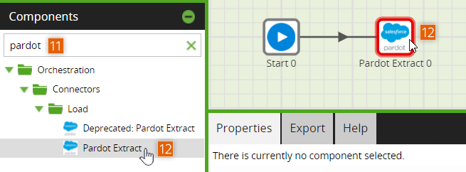 Drag the Pardot Extract component onto the job canvas