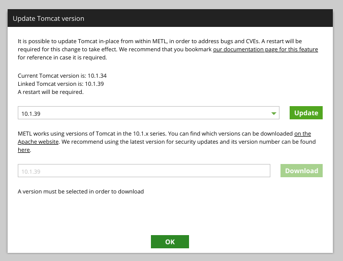 Tomcat Upgrade dialog box